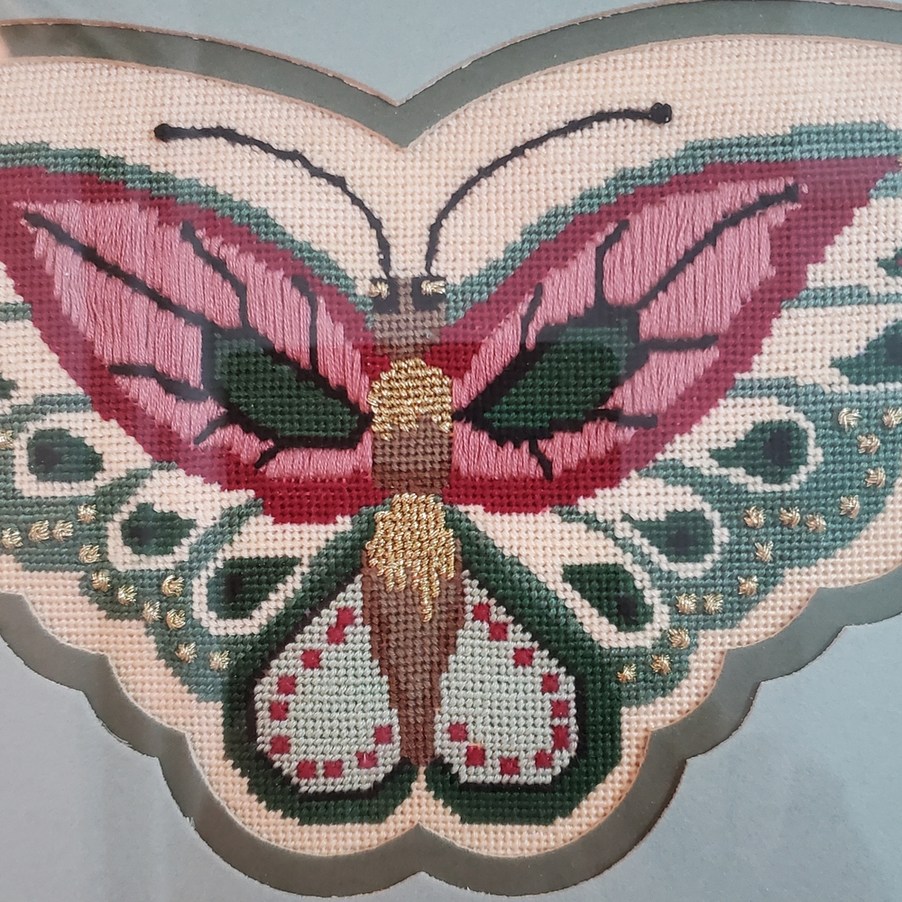 Butterfly Picture Handmade Vintage Embroidery Tapestry with Gold detail  Framed